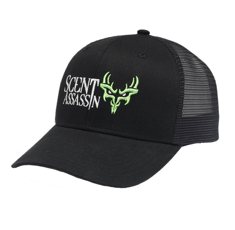 a black hunting hat with full logo of Scent Assassin and Deer Demon